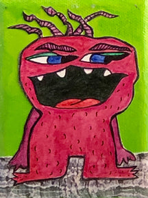 Awe monster art picture Green Pink and grey