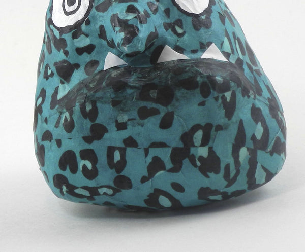 Blockhead 4 Monster Head Sculpture Deep Teal and black animal spots