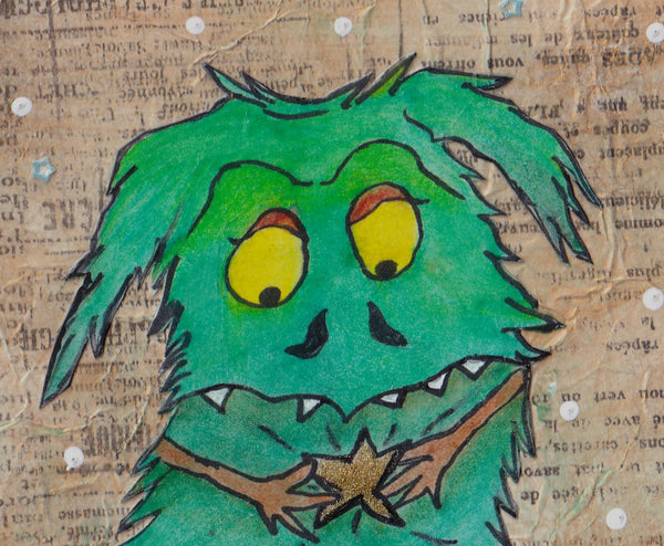 Christmas Star Monster Art Picture Teal, Green and Tan