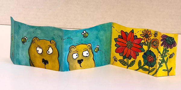 Tiny Character Book E with a yellow bear Bear and Butterfly's and 2 Bears with Bees and Flowers