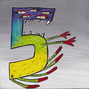 Number SIX Monster Art Picture yellow purple red teal and green 