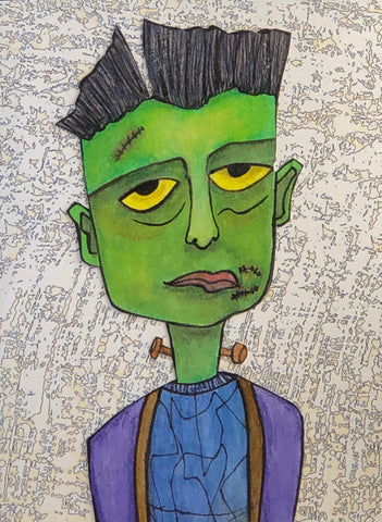 Frank 2 Monster Art Picture Halloween Green Blue Red Purple and Grey