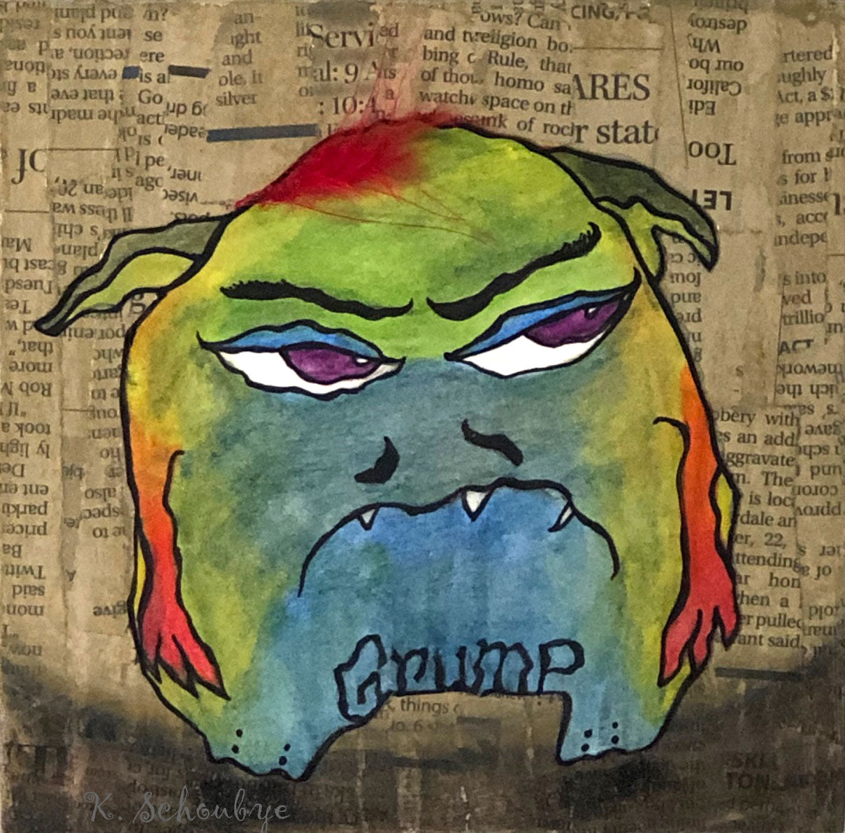 Grump Monster Art Picture red orange green blue and yellow