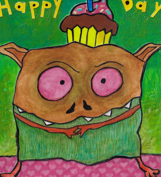 Happy Day Monster Art Picture Bright green background and brown with birthday Cupcake
