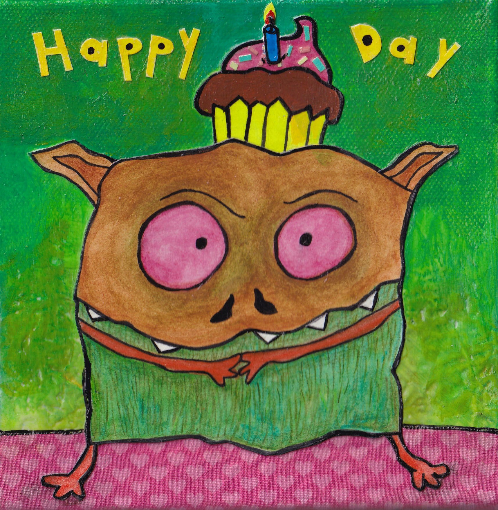 Happy Day Monster Art Picture Bright green background and brown with birthday Cupcake