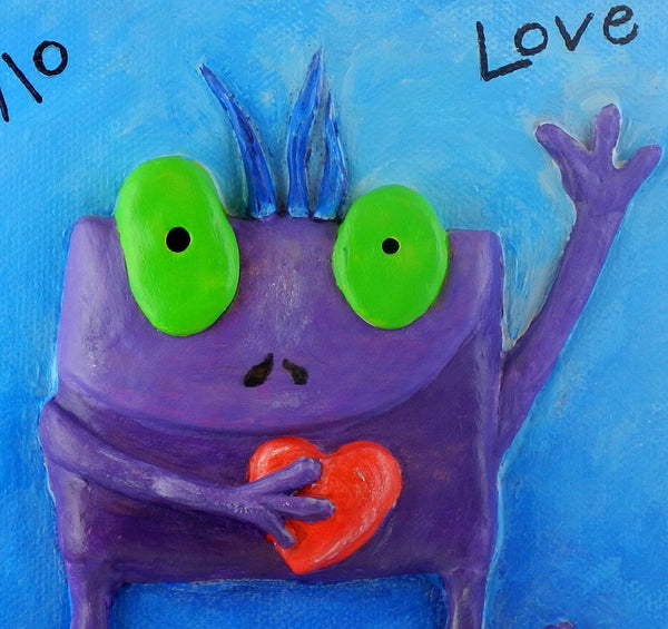 Hello Love Clay Relief Monster Picture Purple and Bright Blue 