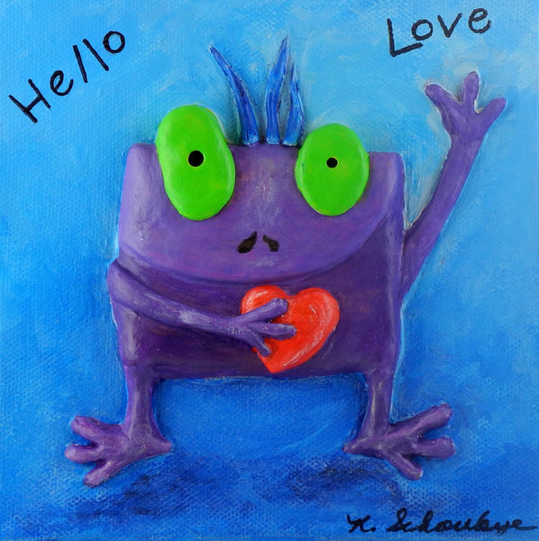 Hello Love Clay Relief Monster Picture Purple and Bright Blue