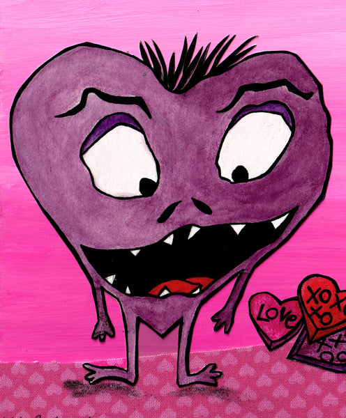 Hearts Valentine monster art picture pinks red and mauve