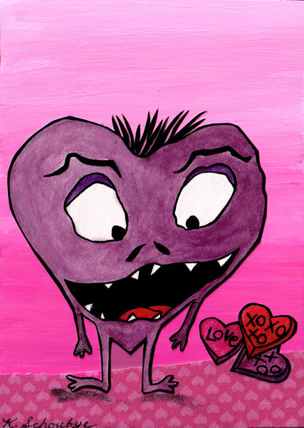 Hearts Valentine monster art picture pinks red and mauve