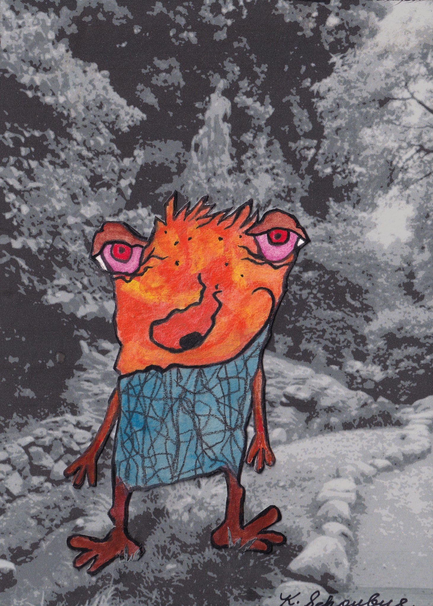 Hodge Monster Art Picture Orange Pink Red Blue Brown and Greys
