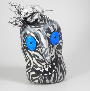 Man Bun Monster Head Sculpture Black and White animal stripes