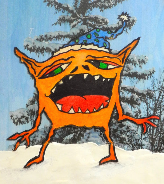 Naughty Or Nice Monster Art Picture Bright Orange Blue Green Red and Gold close