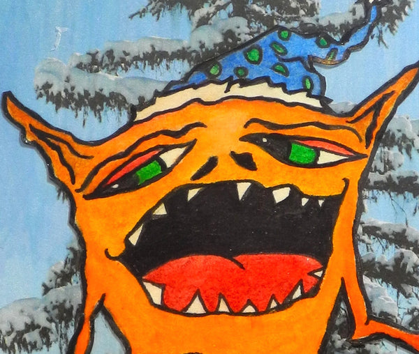 Naughty Or Nice Monster Art Picture Bright Orange Blue Green Red and Gold face