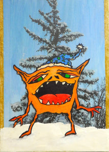 Naughty Or Nice Monster Art Picture Bright Orange Blue Green Red and Gold