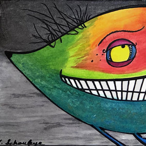 Smile Monster Art Picture Greys Orange Greens Red and Blue