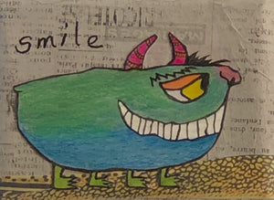 Smile monster art picture green blue pink and orange