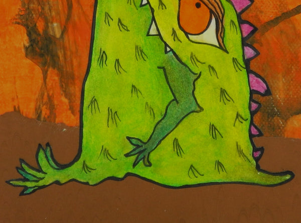 Star Gazer Monster Art Picture Orange Bright Green and Brown