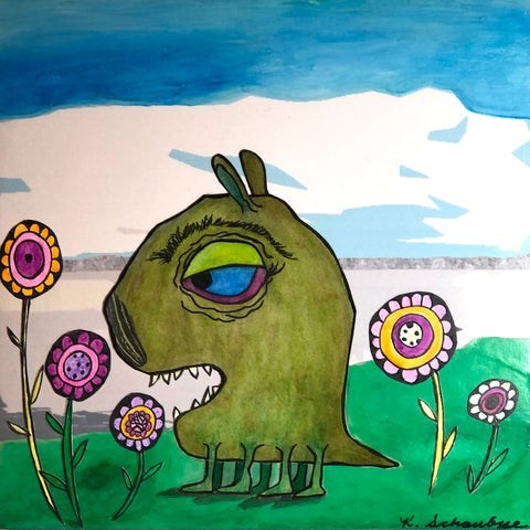 Skuttle Monster Art Picture green pink blue violet yellow and yellow-orange 