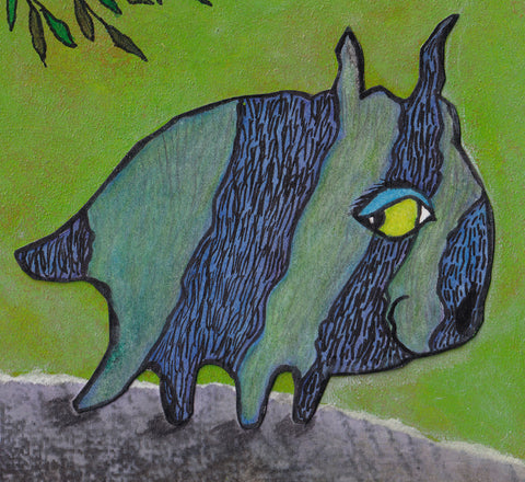 Striped DOG art picture bright green grey and blue