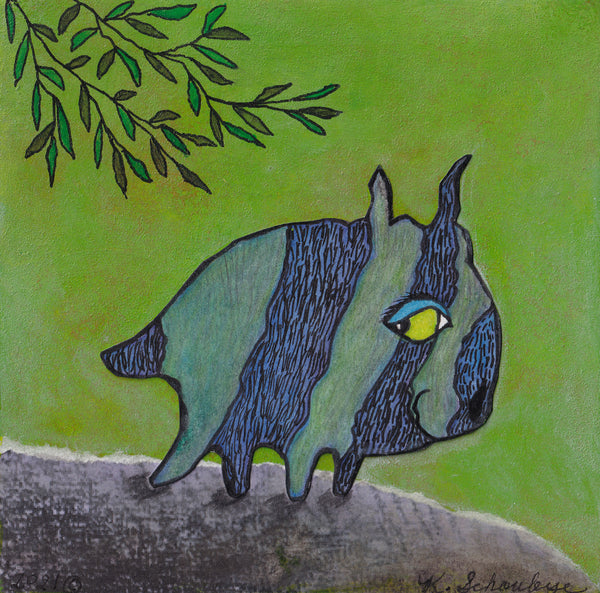 Striped DOG art picture bright green grey and blue