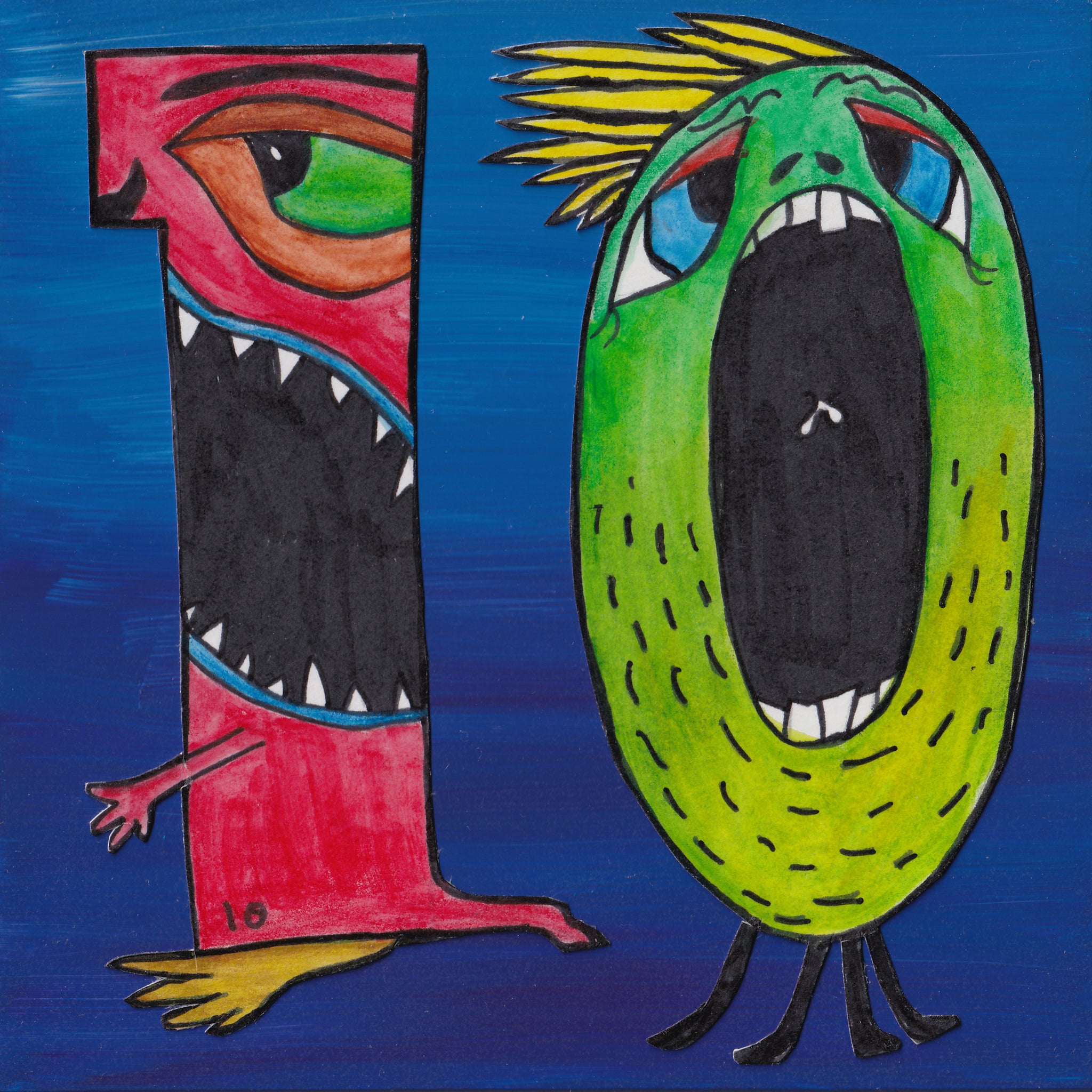 Number TEN Monster Art Picture pink blue purple green and yellow