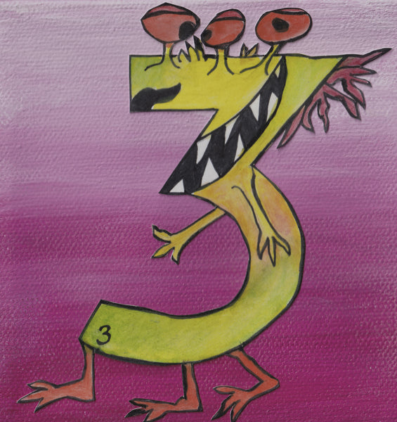 Number THREE Monster Art Picture yellow orange green and pink