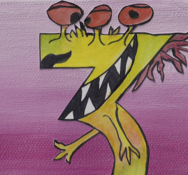 Number THREE Monster Art Picture yellow orange green and pink