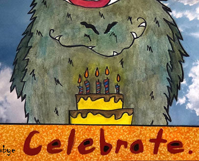 Celebrate Happy Birthday Monster Art Picture Orange Green Blue and Red